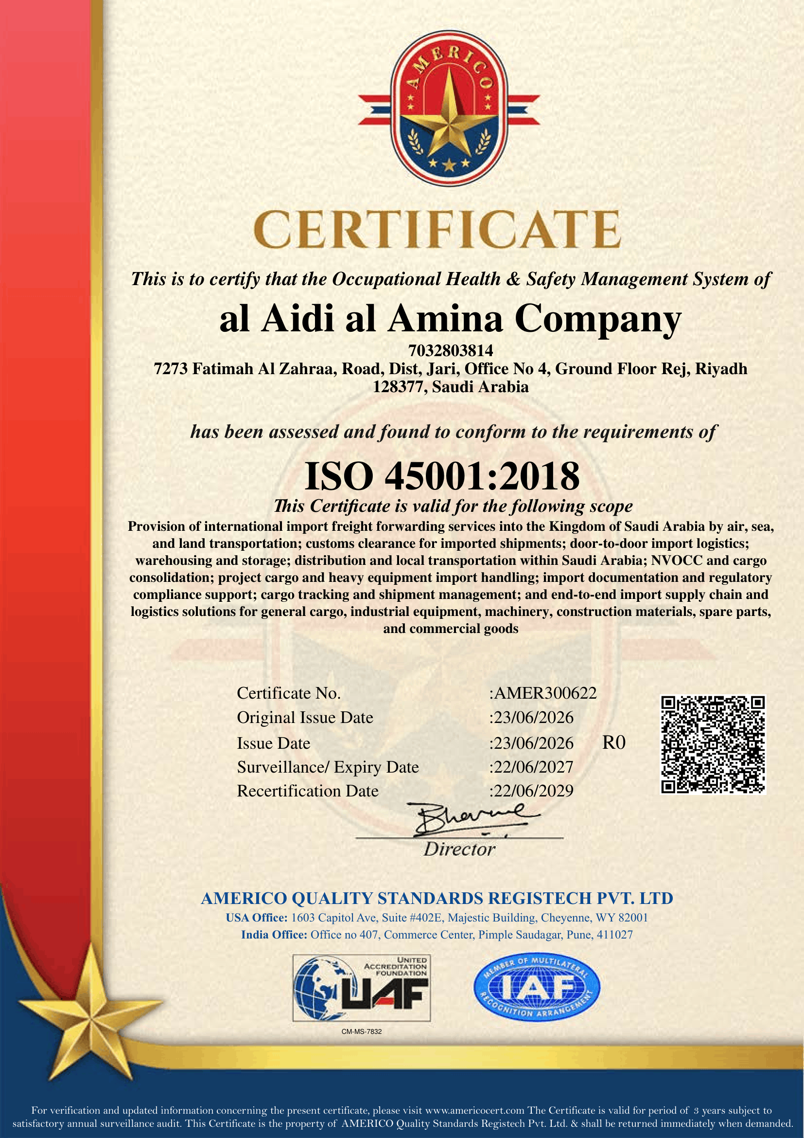 ISO 45001:2018 Occupational Health & Safety Certificate